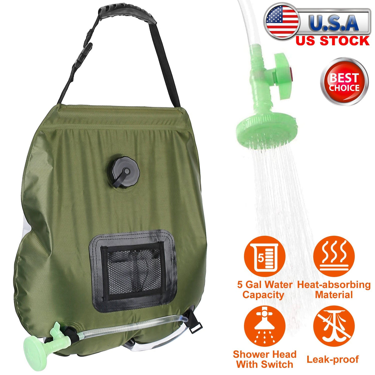 5Gal Solar Heating Camping Shower Bag w/ Removable Hose And Shower Head Portable Shower Bag for Beach Traveling Hiking
