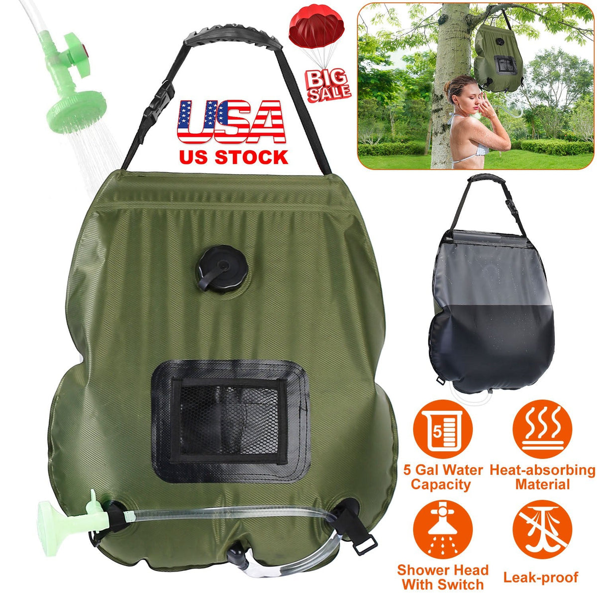 5Gal Solar Heating Camping Shower Bag w/ Removable Hose And Shower Head Portable Shower Bag for Beach Traveling Hiking